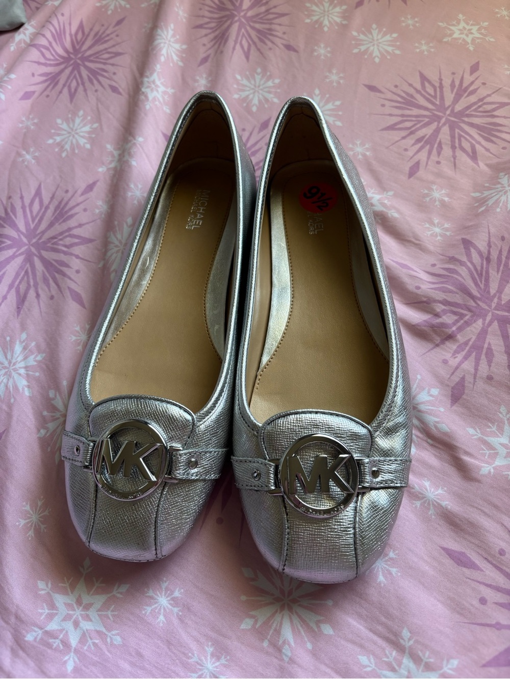 Michael Kors Metallic Silver MK Logo Leather Ballet Flats